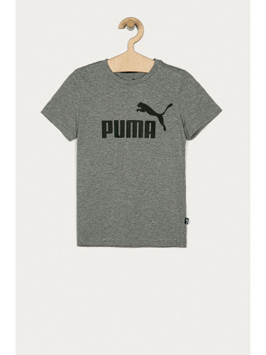 Детска памучна тениска Puma в сиво с принт