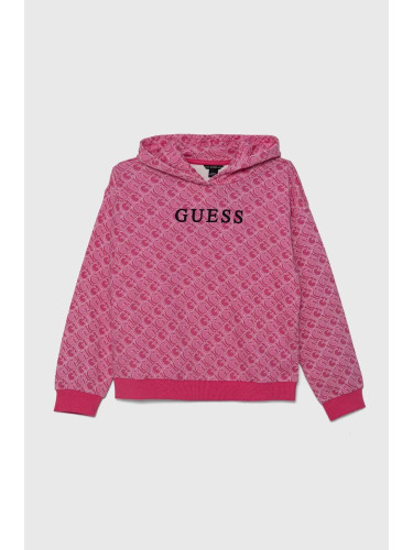 Детски памучен суичър Guess в розово с качулка с десен J4YQ00 KA6R4