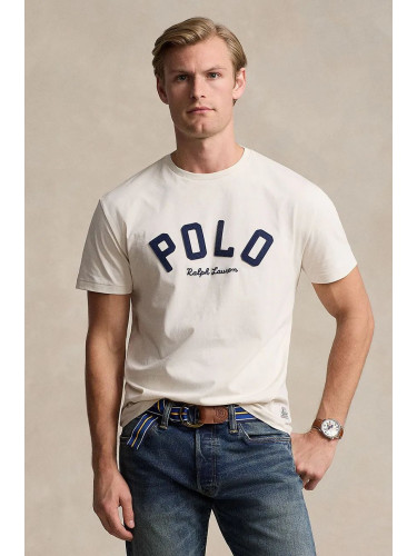 Памучна тениска Polo Ralph Lauren в бежово с апликация 710952043