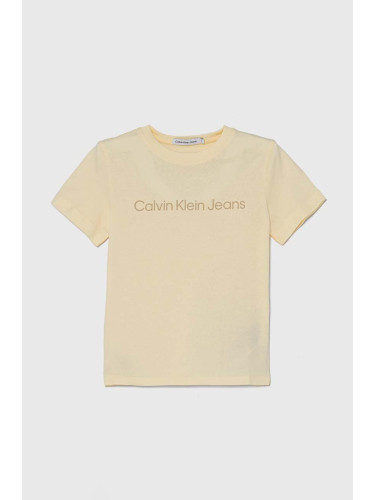 Детска памучна тениска Calvin Klein Jeans в бежово с принт IU0IU00599