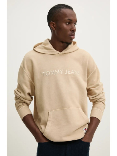 Памучен суичър Tommy Jeans в бежово с качулка с апликация DM0DM19741