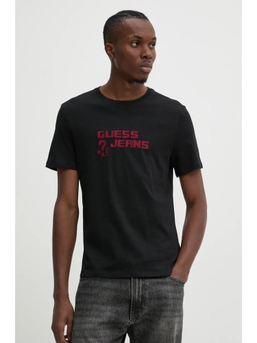 Памучна тениска Guess Jeans в черно с апликация M4BI76 K8HM0