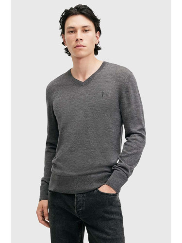 Вълнен пуловер AllSaints MODE MERINO VNECK мъжки в сиво от лека материя M022KA