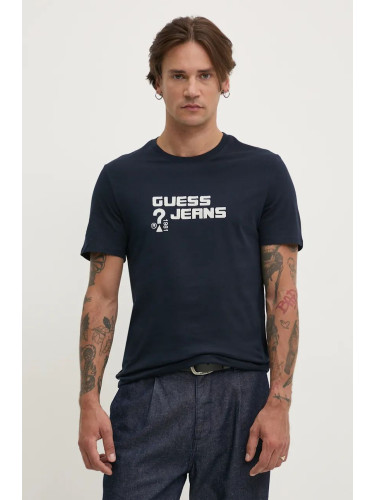 Памучна тениска Guess Jeans в тъмносиньо с апликация M4BI76 K8HM0