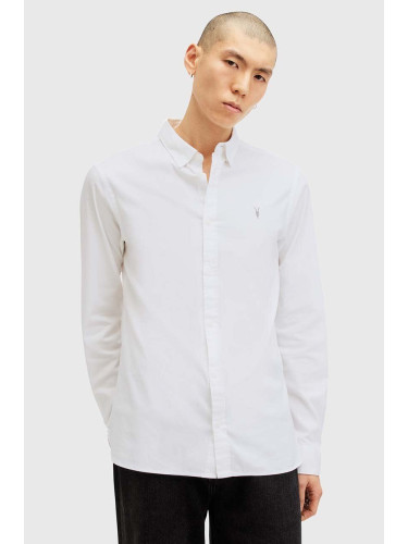 Памучна риза AllSaints HAWTHORNE LS SHIRT мъжка в бяло с кройка по тялото с класическа яка M150SB