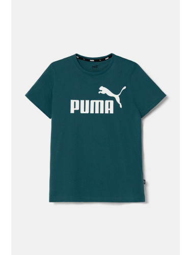 Детска памучна тениска Puma в зелено с принт