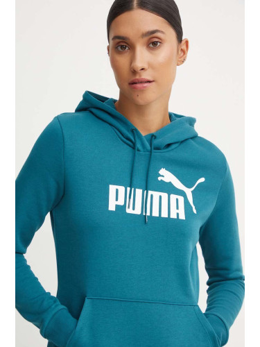 Суичър Puma в зелено с качулка с принт