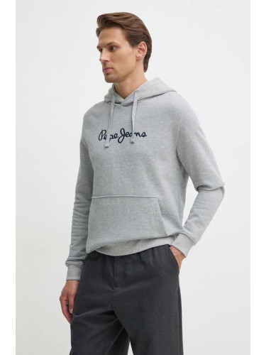 Памучен суичър Pepe Jeans NEW JOE HOODIE в сиво с качулка с апликация PM582716