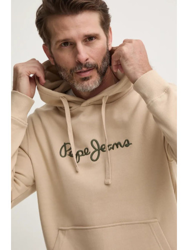 Памучен суичър Pepe Jeans NEW JOE HOODIE в бежово с качулка с апликация PM582716