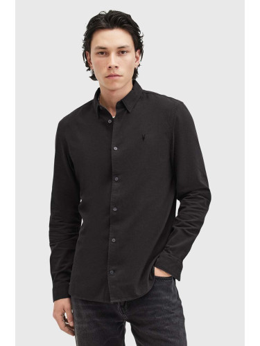 Памучна риза AllSaints LOVELL LS SHIRT мъжка в черно с кройка по тялото с класическа яка M152SB