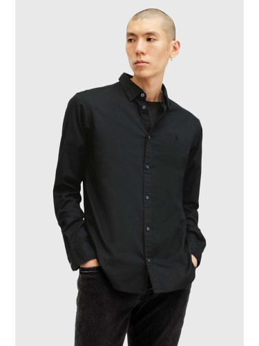 Памучна риза AllSaints HAWTHORNE LS SHIRT мъжка в черно с кройка по тялото с класическа яка M150SB