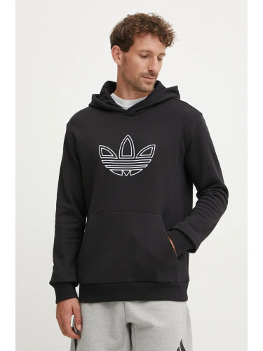 Памучен суичър adidas Originals Outline Hoodie в черно с качулка с апликация JJ1506