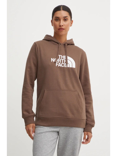 Суичър The North Face Drew Peak Pullover Hoodie в кафяво с качулка с принт NF0A89EH1OI1