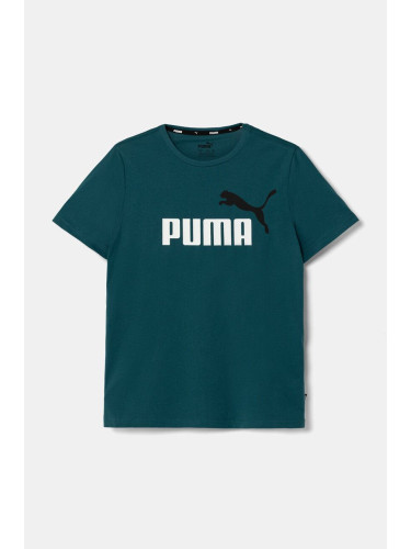 Детска памучна тениска Puma в зелено с принт