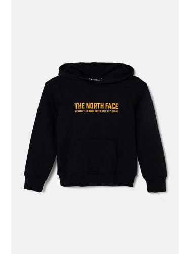 Детски памучен суичър The North Face VARSITGRAPHIC RELAXED HOODIE в черно с качулка с принт NF0A89HBJK31