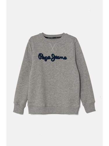 Детски памучен суичър Pepe Jeans NEW LAMONTY CREW в сиво с апликация PB581613