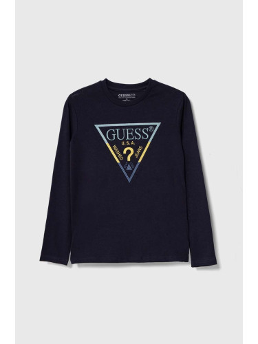 Детска блуза с дълги ръкави Guess в тъмносиньо с апликация L4YI07 K8HM4