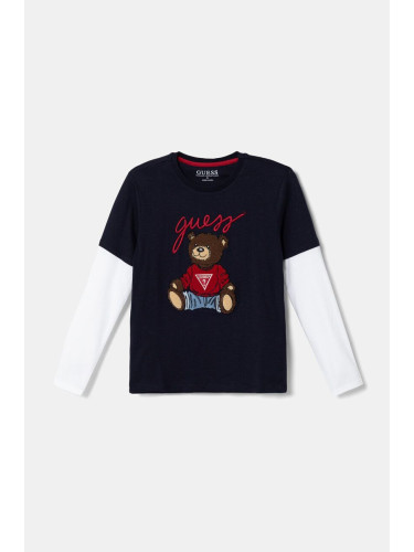 Детска блуза с дълги ръкави Guess в тъмносиньо с апликация L4BI13 I3Z14