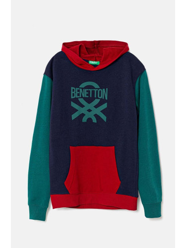 Детски памучен суичър United Colors of Benetton в тъмносиньо с качулка с десен 3J68C203N