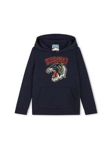 Детски памучен суичър Kenzo Kids в тъмносиньо с качулка с принт K60767