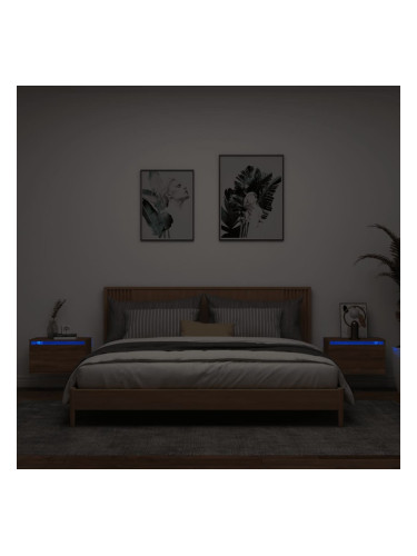 Sonata H Нощни шкафчета за стена с LED осветление, 2 бр, кафяв дъб