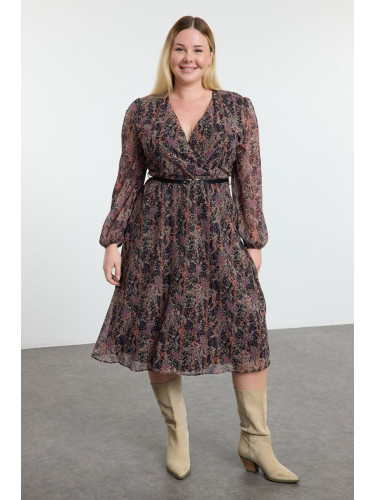 Trendyol Curve Brown Floral Belted A-Line Midi Double Breasted Patterned Chiffon Woven Dress