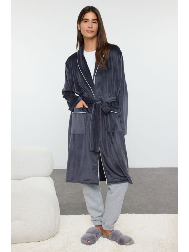 Trendyol Smoke Belted, Piping, Pocketed Velvet Knitted Dressing Gown