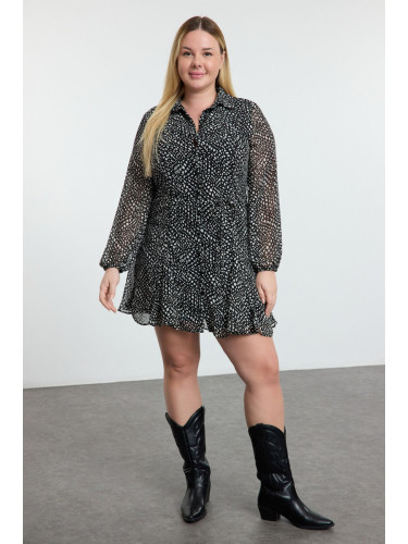 Trendyol Curve Black Belted Polka Dot Mini Lined Chiffon Woven Winter Shirt Dress