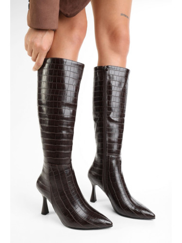 Shoeberry Women's Asez Brown Crocodile Patterned Heeled Boots