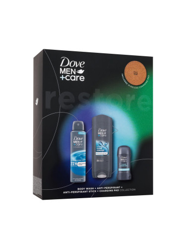 Dove Men + Care Clean Comfort Подаръчен комплект душ гел Men Care Clean Comfort 250 ml + антиперспирант Men Care Clean Comfort 72H 150 ml + твърд антиперспирант Men Care Clean Comfort 48H 50 ml + подложка за безжично зареждане