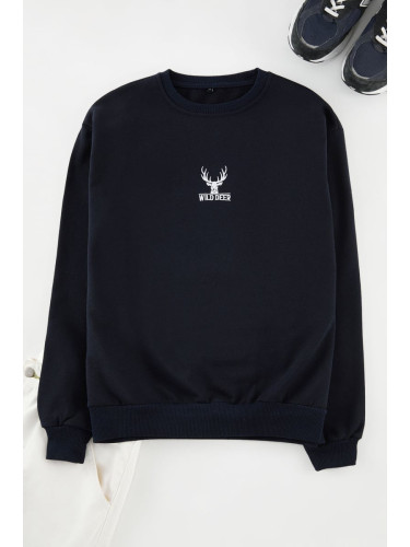 Trendyol Navy Blue Oversize/Wide Cut Crew Neck Long Sleeve Animal Embroidered Sweatshirt