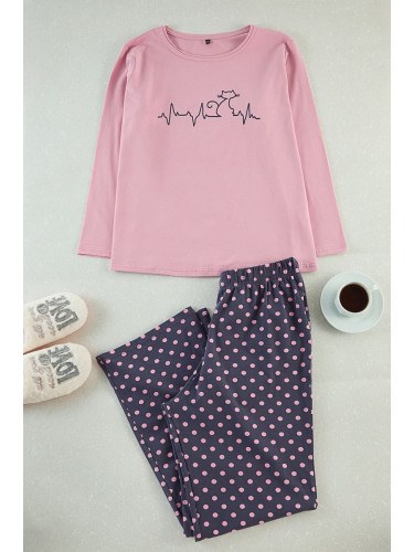 Trendyol Curve Multicolored Polka Dot and Cat Patterned Knitted Pajama Set