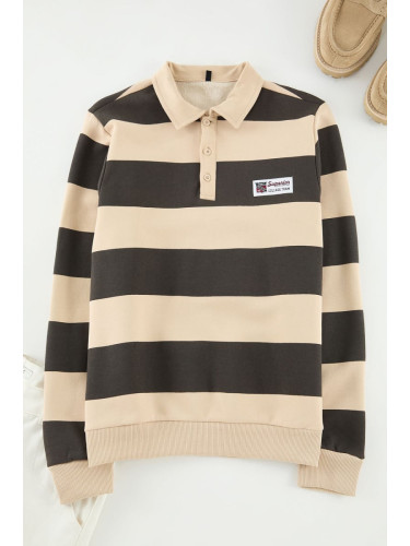 Trendyol Mink Regular/Normal Cut Polo Collar Striped Polar Fleece Inside Cotton Sweatshirt