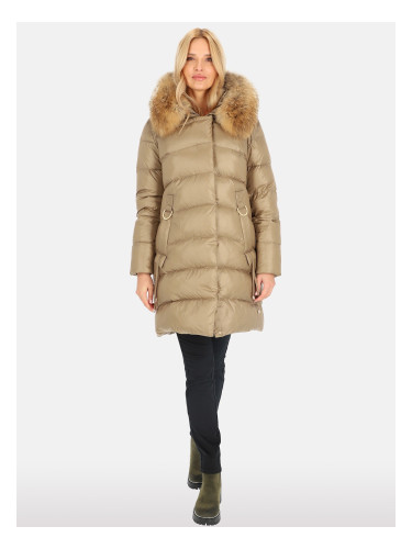 PERSO Woman's Women's long quilted jacket with natural raccoon fur,tobacco color