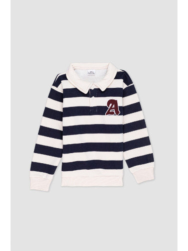 DEFACTO Boy's Polo Neck Striped Embroidered Sweatshirt