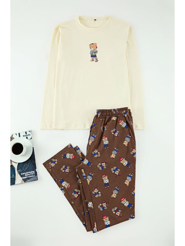 Trendyol Stone - Brown Regular Fit Teddy Bear Printed Knitted Pajama Set