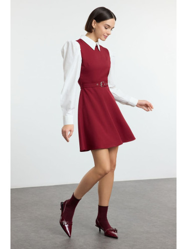 Trendyol Burgundy Belted Waist Opening Shirt Detail Mini Woven Dress