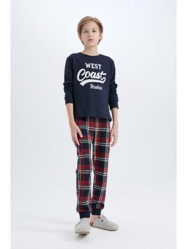 DEFACTO Boy's Pajama Set Crew Neck Printed Long Sleeve Top Plaid Long Bottom