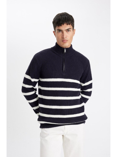 DEFACTO Standard Fit Stand Collar Half Zipper Striped Knitwear Sweater