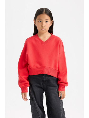 DEFACTO Girl Crop V Neck Basic Plain Sweatshirt