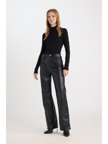 DEFACTO Cool Faux Leather Pants Straight Fit High Waist