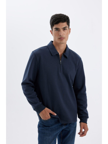 DEFACTO Regular Fit Polo Collar Half Zipper Basic Plain Sweatshirt