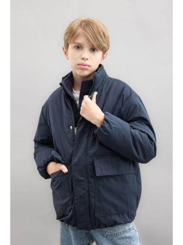 DEFACTO Boy's Water Repellent Stand Collar Zippered Snap Closure Pocket Coat