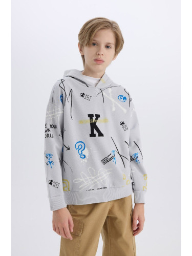 DEFACTO Boy Oversize Wide Pattern Hooded Patterned Thick Sweatshirt