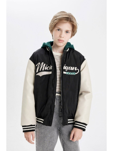 DEFACTO Boys Detachable Hooded College Collar Zippered Bomber Jacket Coat