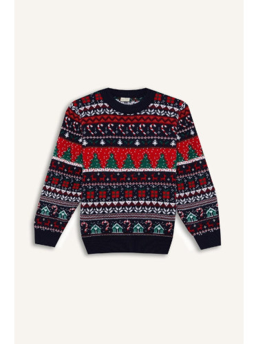 DEFACTO Boy's New Year's Themed Crew Neck Knitted Sweater