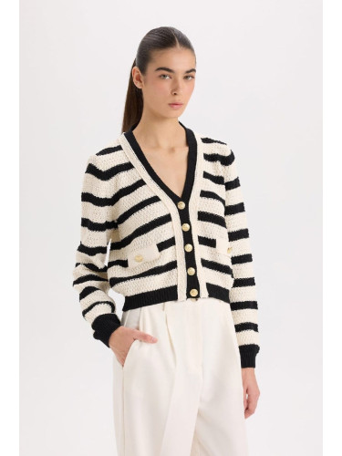 DEFACTO Regular Fit V Neck Striped Buttoned Cardigan