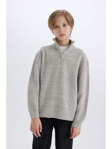 DEFACTO Boy's Zipper Stand Collar Knitwear Sweater