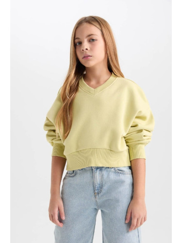 DEFACTO Girl Crop V Neck Basic Plain Sweatshirt