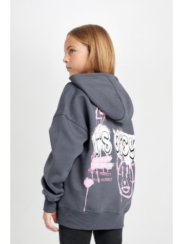 DEFACTO Girl Ecru Oversize Fit Wide Mold Back Printed Hooded Sweatshirt